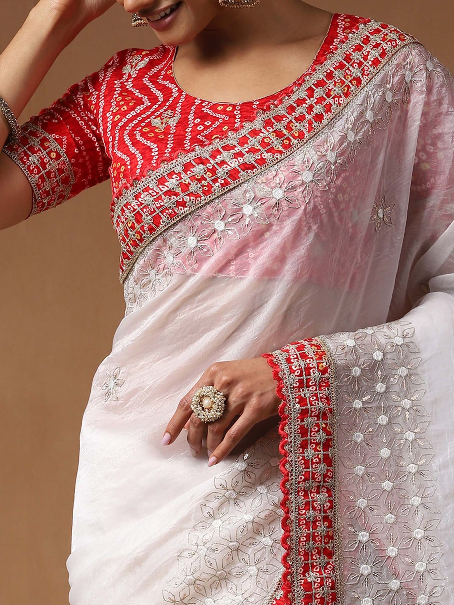 White Bandhani Tissue Printed Saree