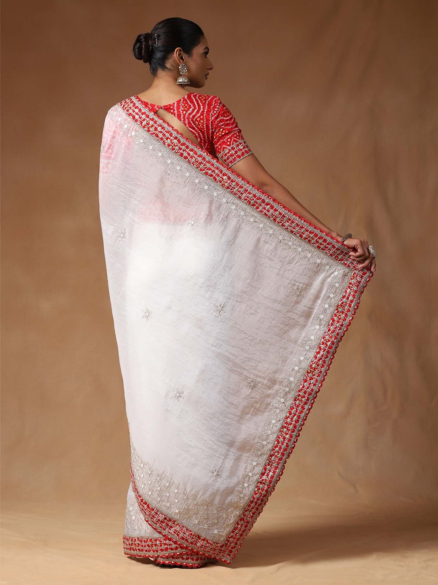 White Bandhani Tissue Printed Saree