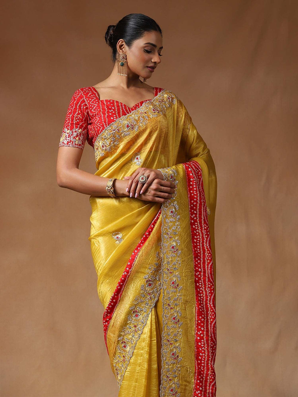 Yellow Party Wear Tissue Embellished Saree - The Dori Store