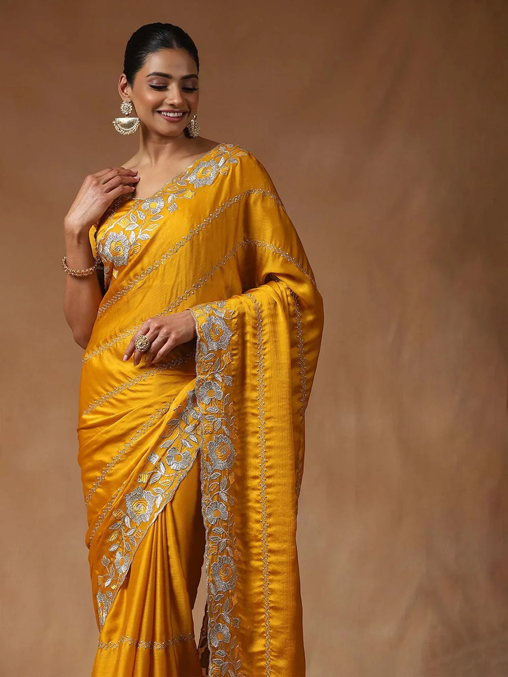 Yellow Party Wear Satin Silk Embroidered Saree - The Dori Store