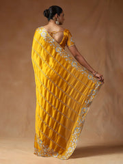 Yellow Party Wear Satin Silk Embroidered Saree - The Dori Store