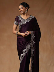 Purple Party Wear Satin Silk Embroidered Saree - The Dori Store