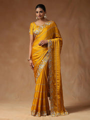 Yellow Party Wear Satin Silk Embroidered Saree - The Dori Store