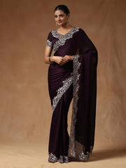 Purple Party Wear Satin Silk Embroidered Saree - The Dori Store