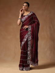 Burgundy Party Wear Satin Silk Embroidered Saree - The Dori Store