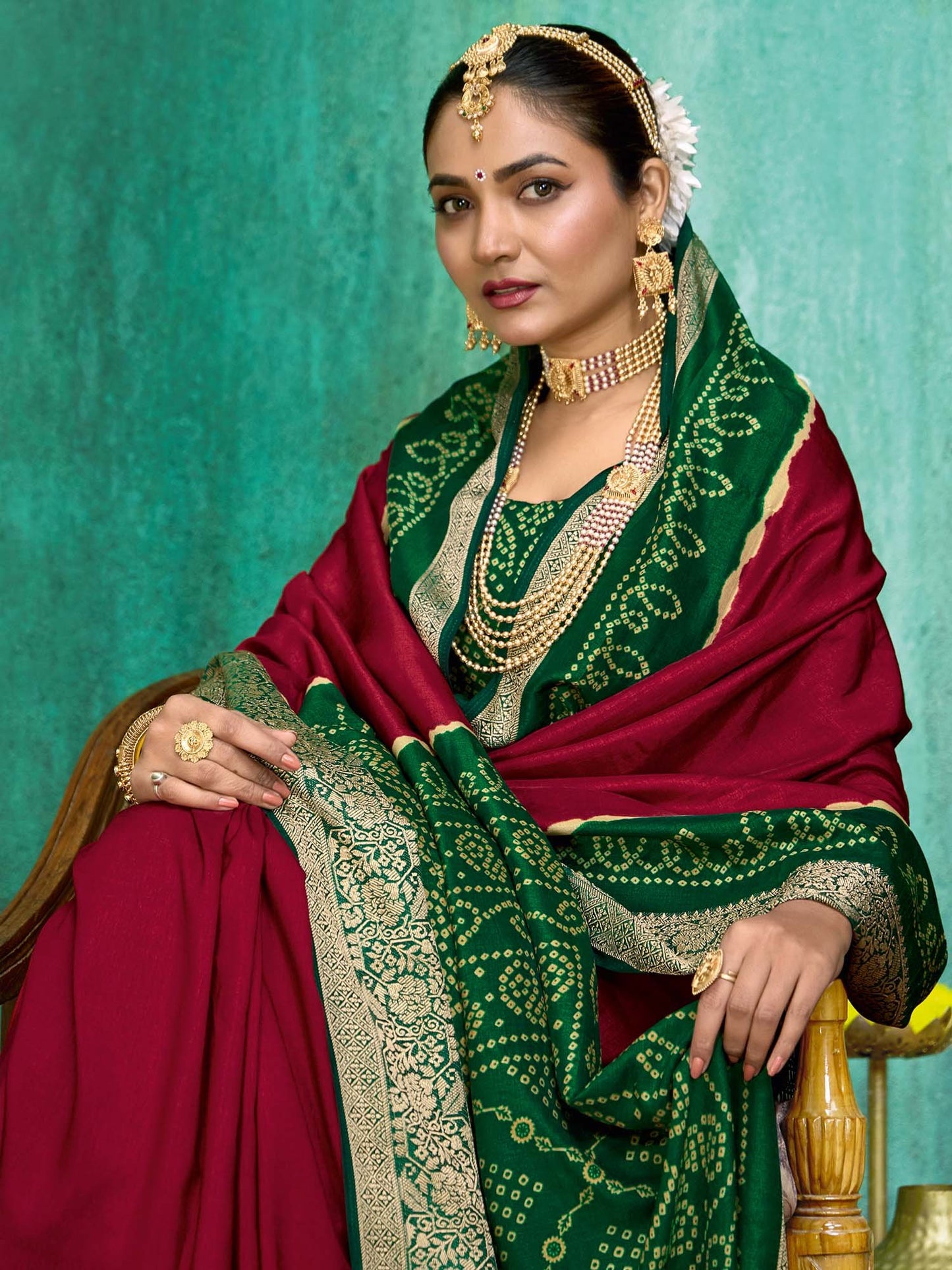 Maroon Bandhani Tussar Silk Printed Saree