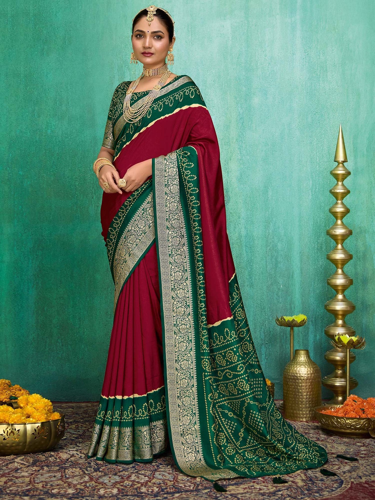 Maroon Maroon Bandhani Tussar Silk Printed Saree