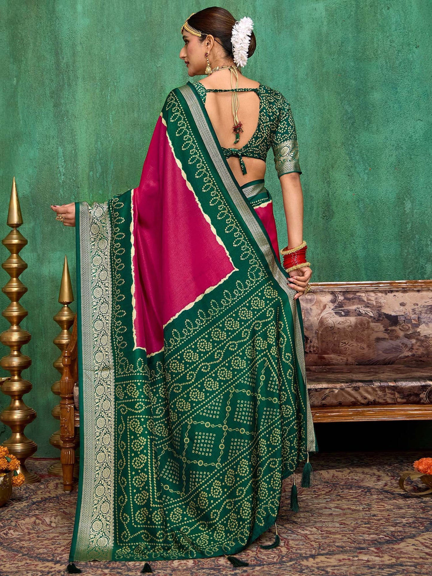 Pink Bandhani Tussar Silk Printed Saree