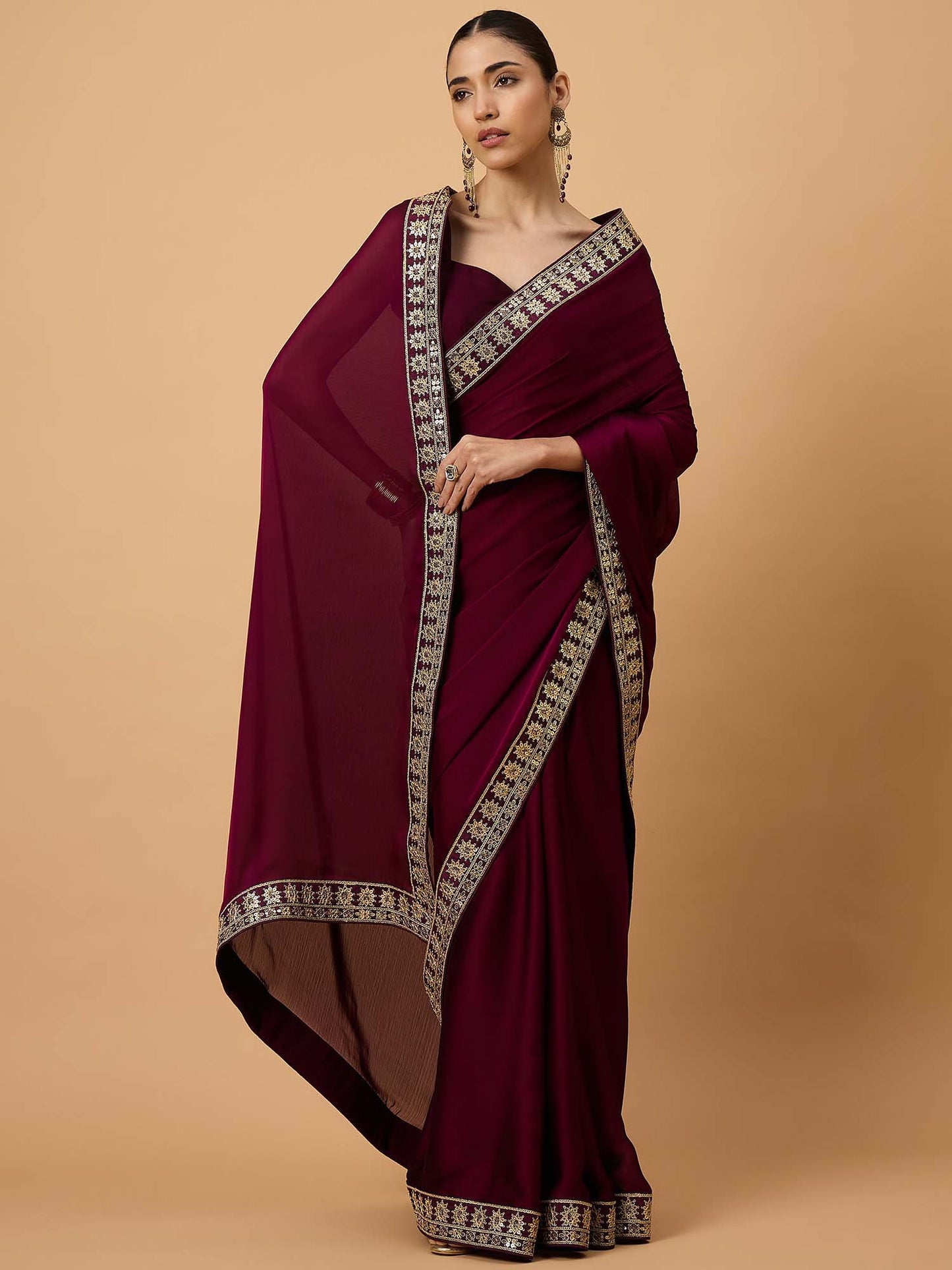 Magenta Party Wear Satin Embellished Saree