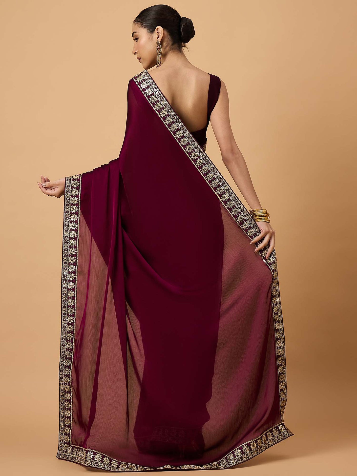 Magenta Party Wear Satin Embellished Saree