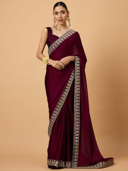 Purple Magenta Party Wear Satin Embellished Saree