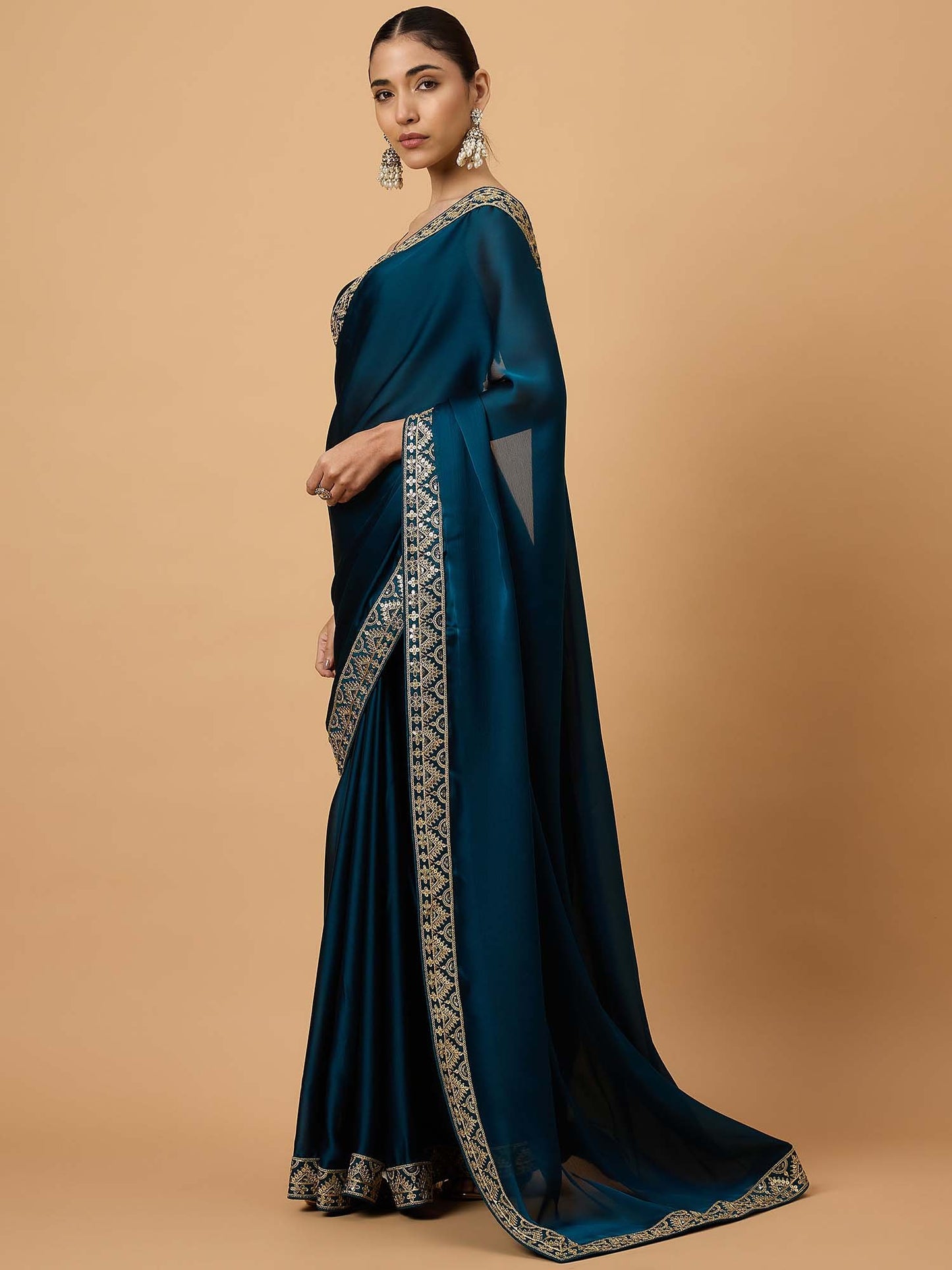 Teal Party Wear Satin Embellished Saree