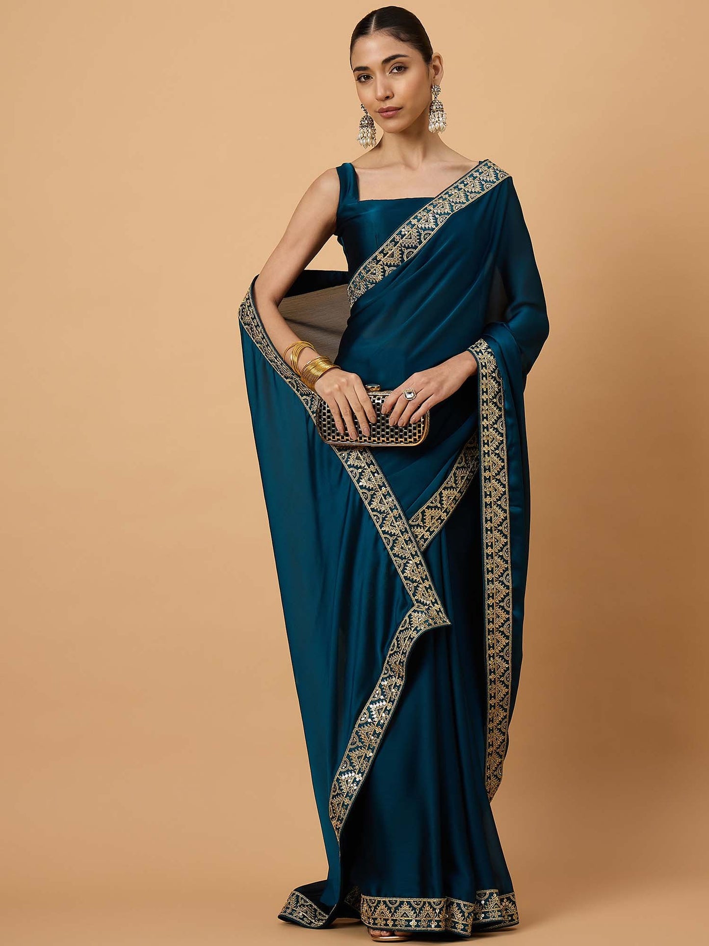 Teal Party Wear Satin Embellished Saree