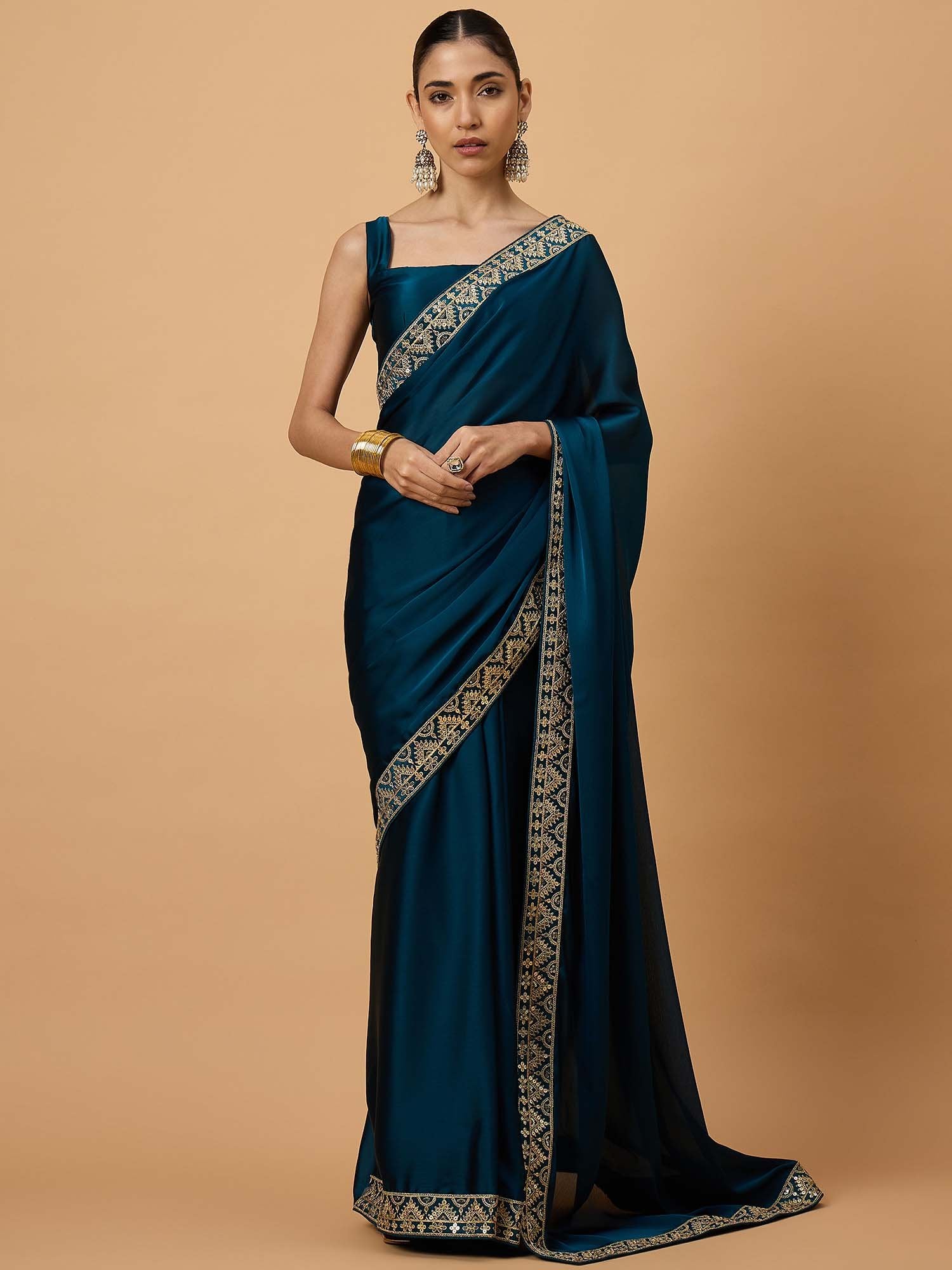 Blue Teal Party Wear Satin Embellished Saree
