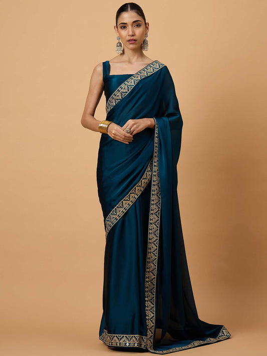 Blue Teal Party Wear Satin Embellished Saree