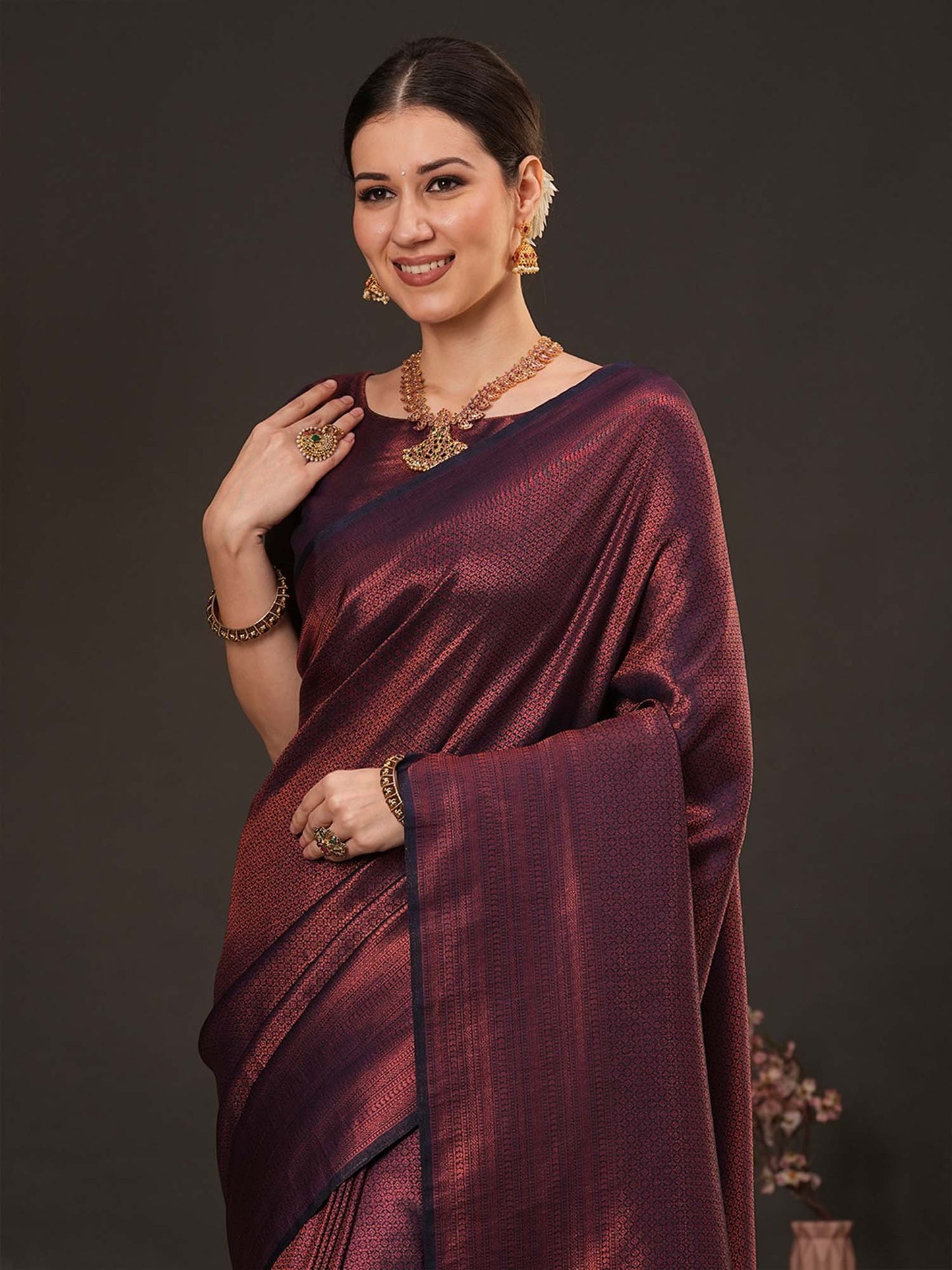 Purple Kanjeevaram Silk Blend Woven Saree