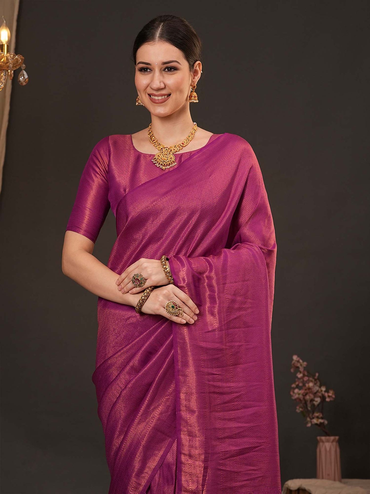 Magenta Kanjeevaram Silk Blend Woven Saree