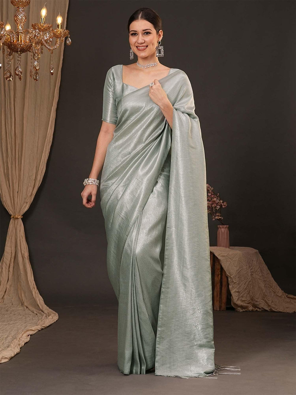 Grey Kanjeevaram Silk Blend Woven Saree - The Dori Store