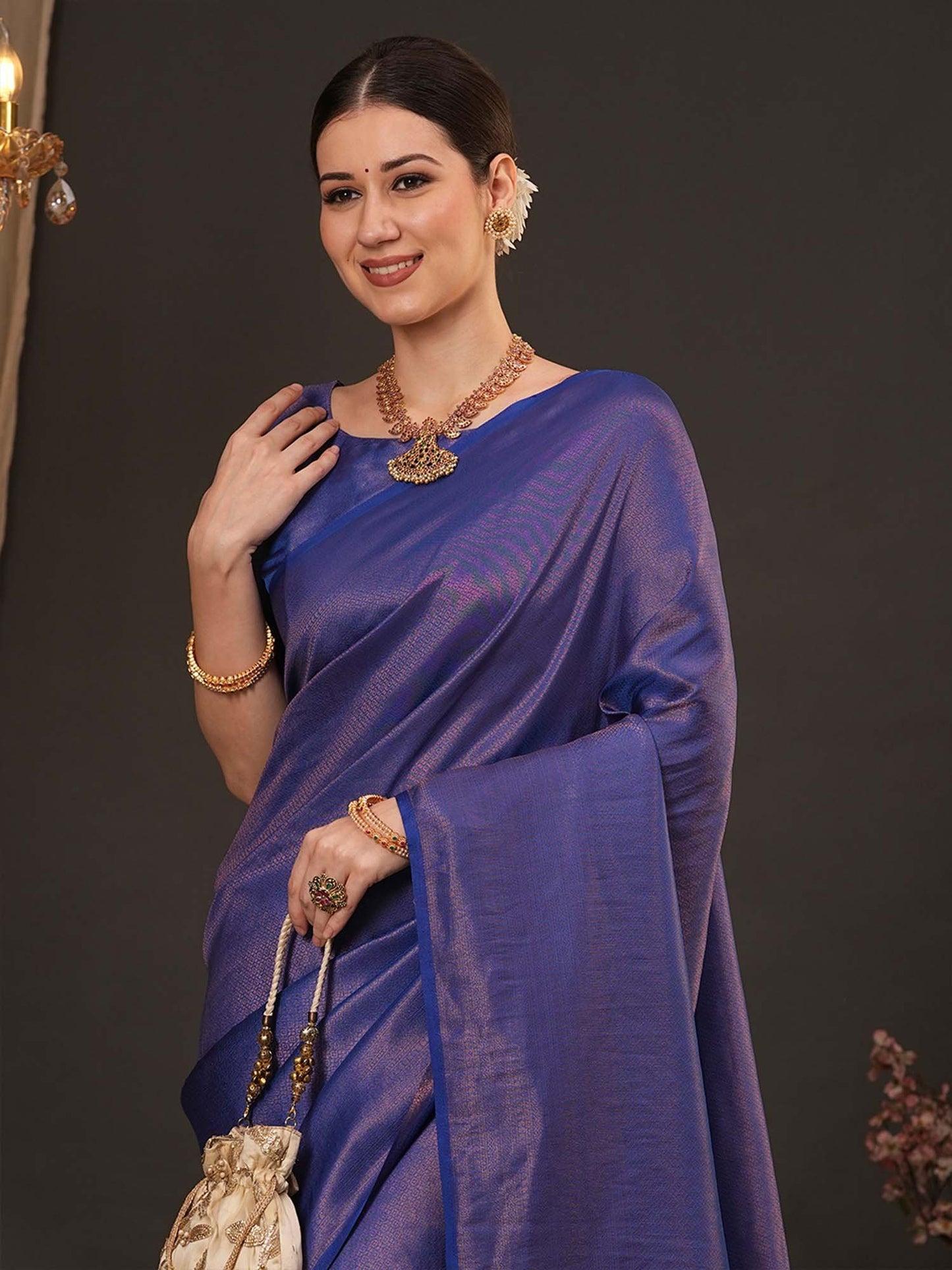 Navy Kanjeevaram Silk Blend Woven Saree