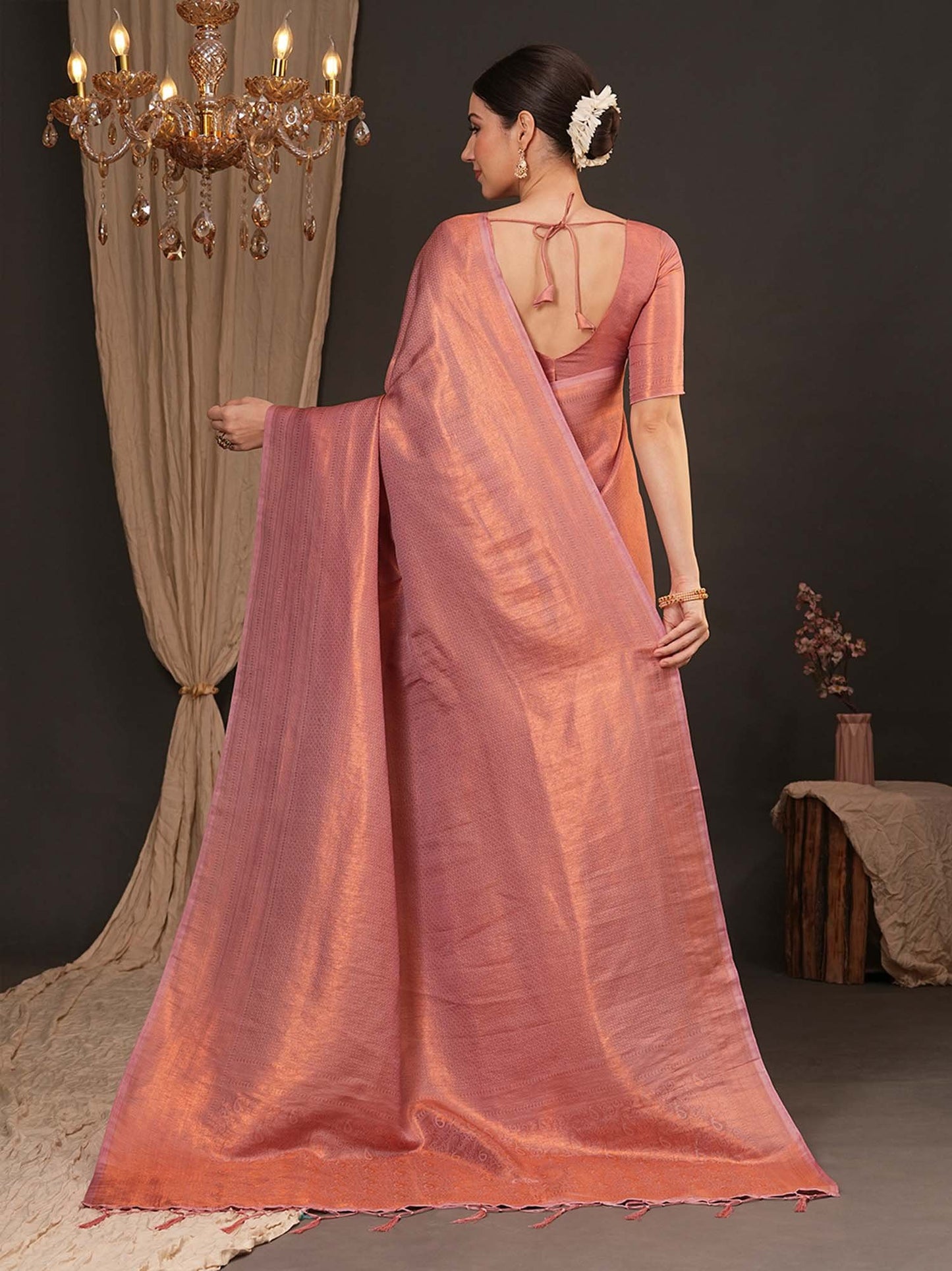 Peach Kanjeevaram Silk Blend Woven Saree