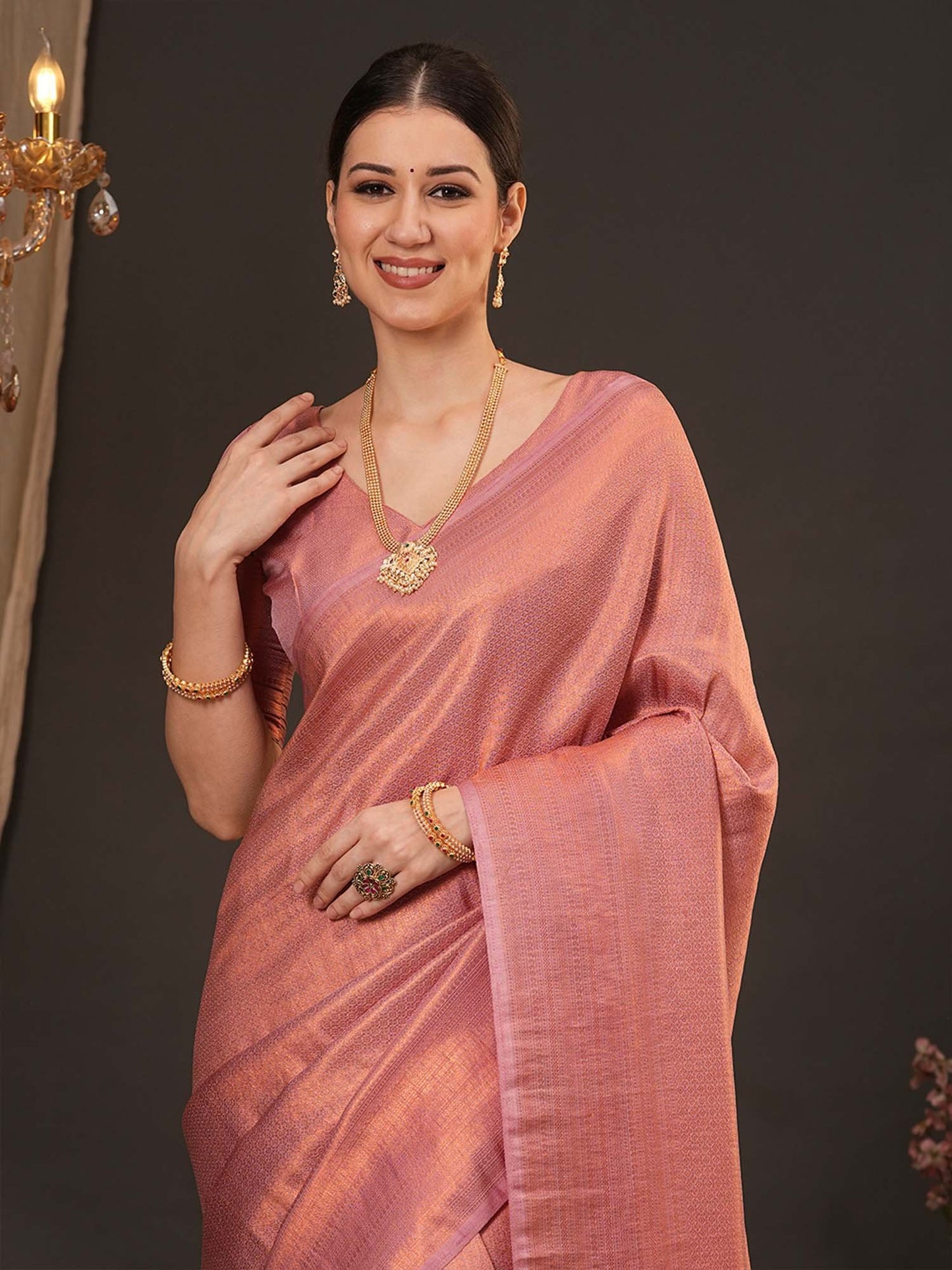 Peach Kanjeevaram Silk Blend Woven Saree