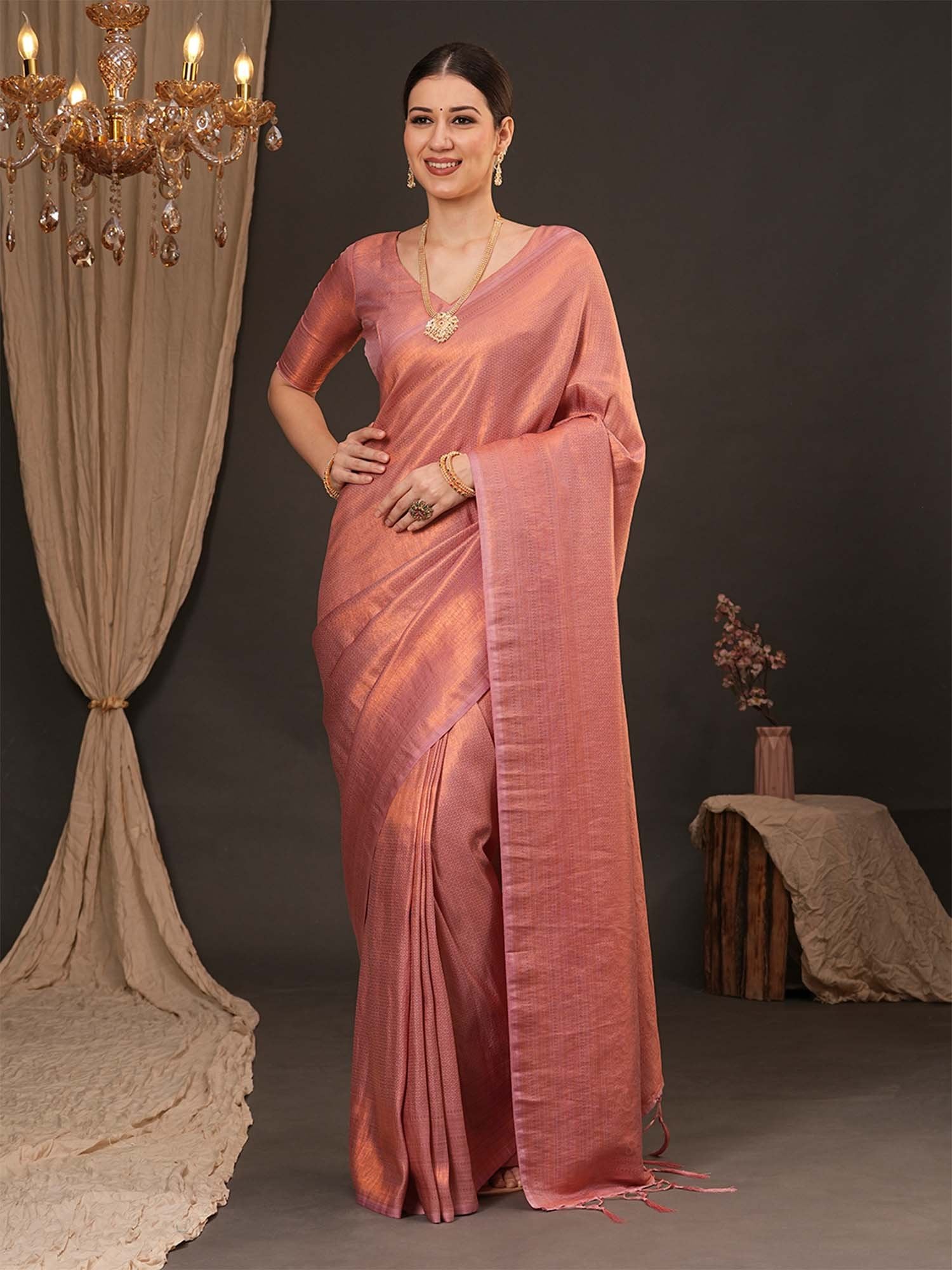 Pink Peach Kanjeevaram Silk Blend Woven Saree