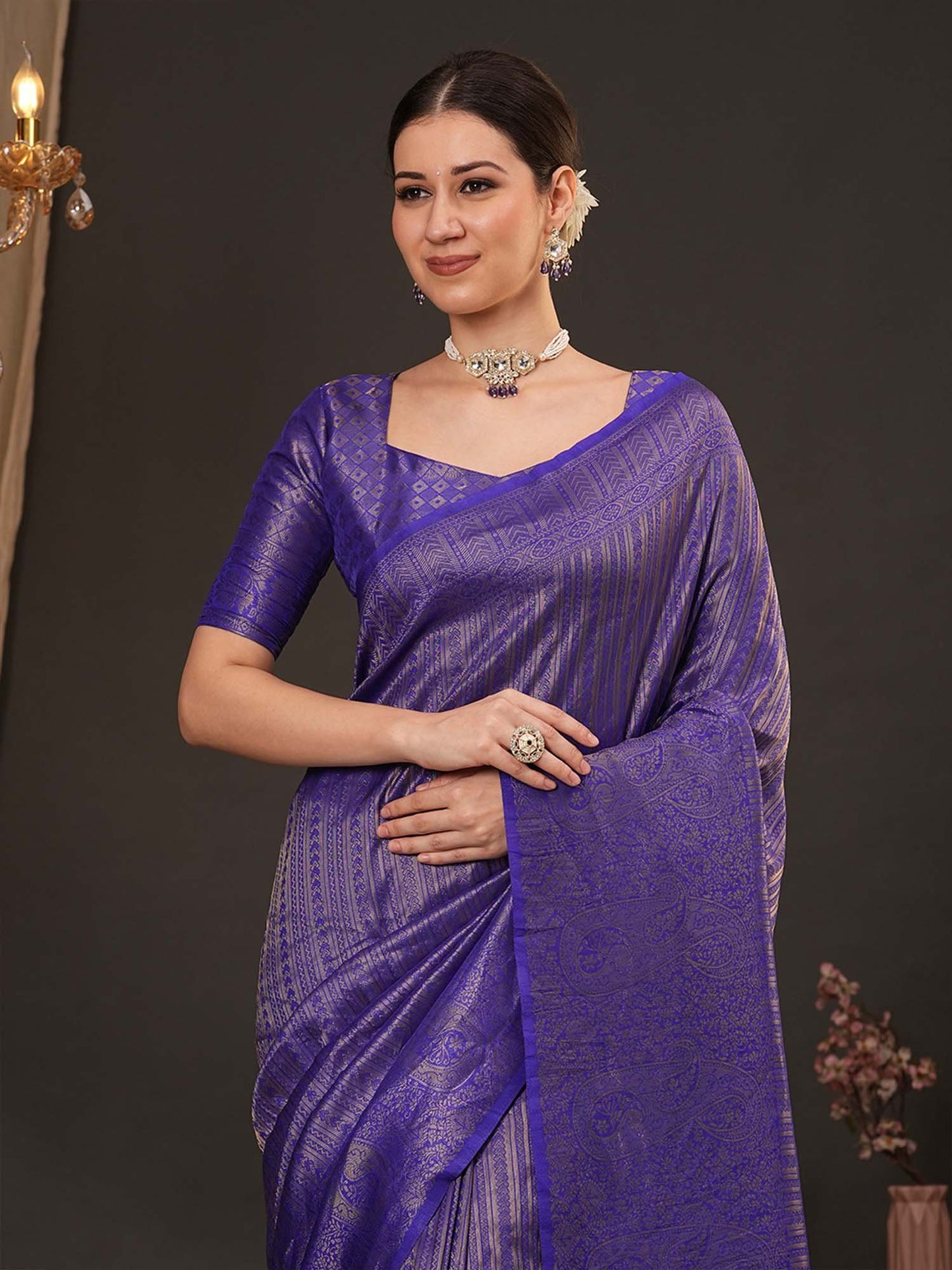 Purple Kanjeevaram Silk Blend Woven Saree