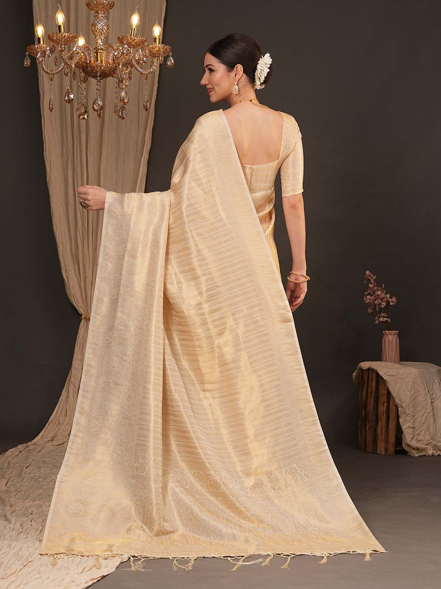 Cream Kanjeevaram Silk Blend Woven Saree