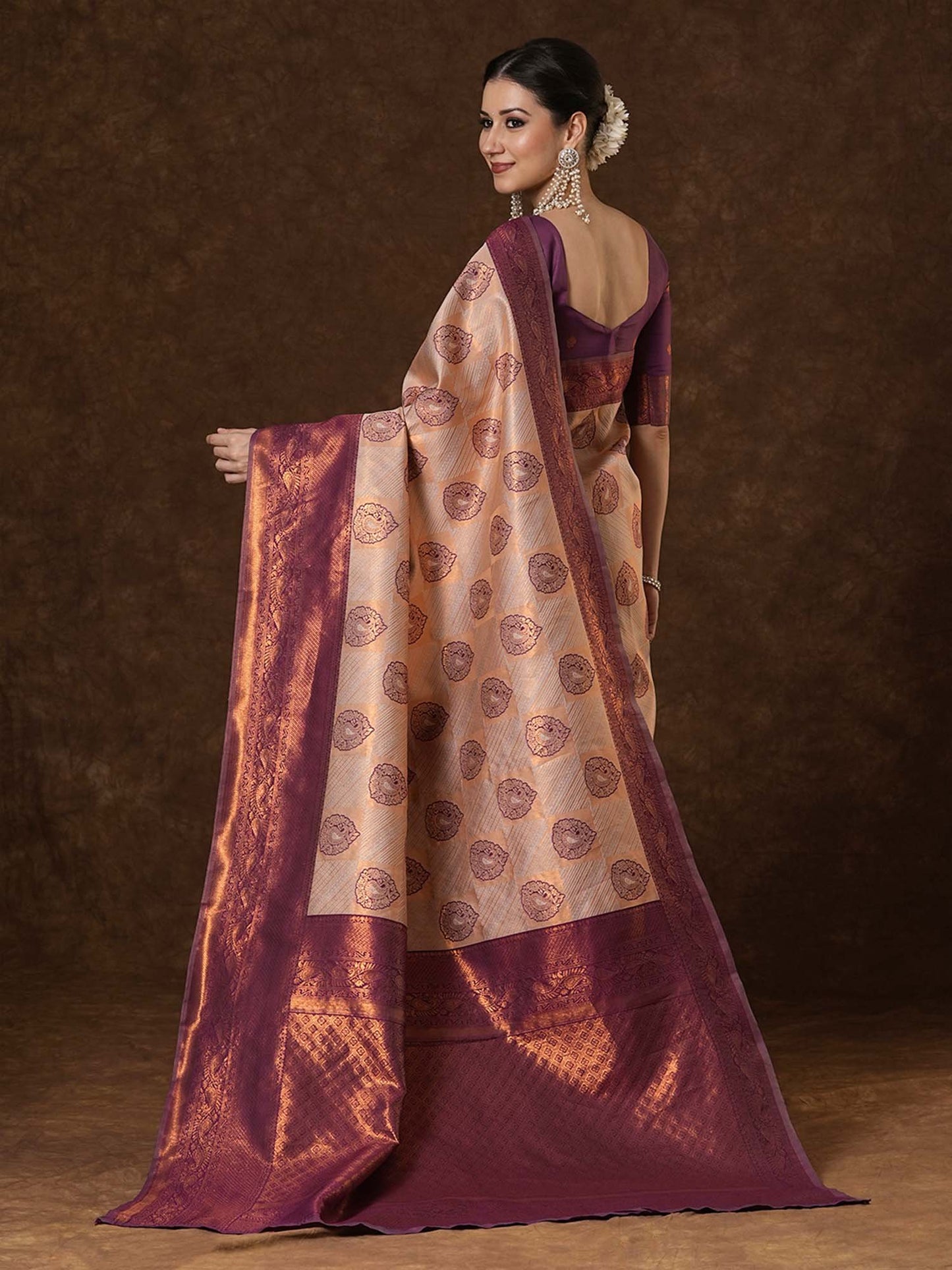 Cream Kanjeevaram Banarasi Silk Woven Saree