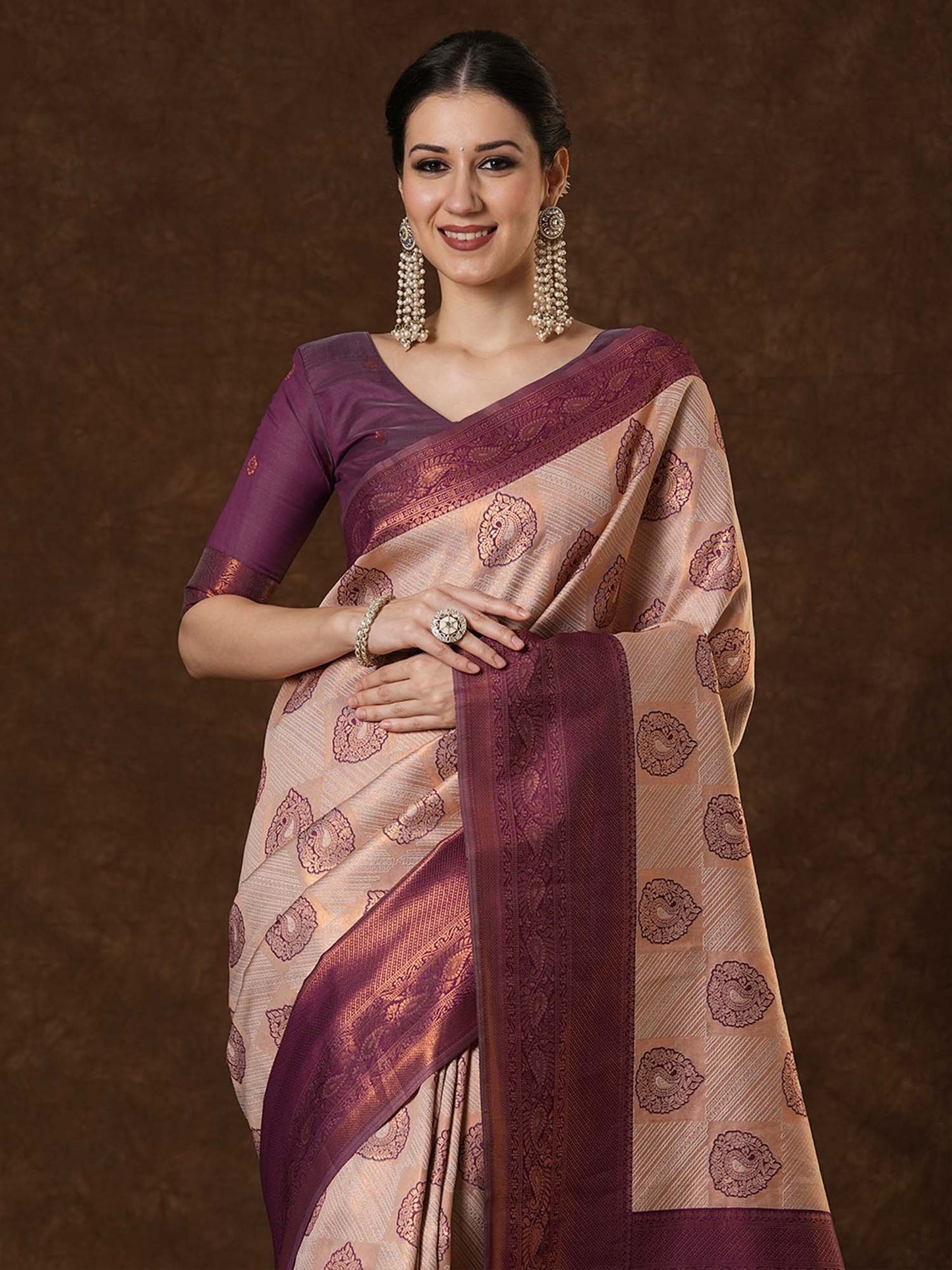 Cream Kanjeevaram Banarasi Silk Woven Saree