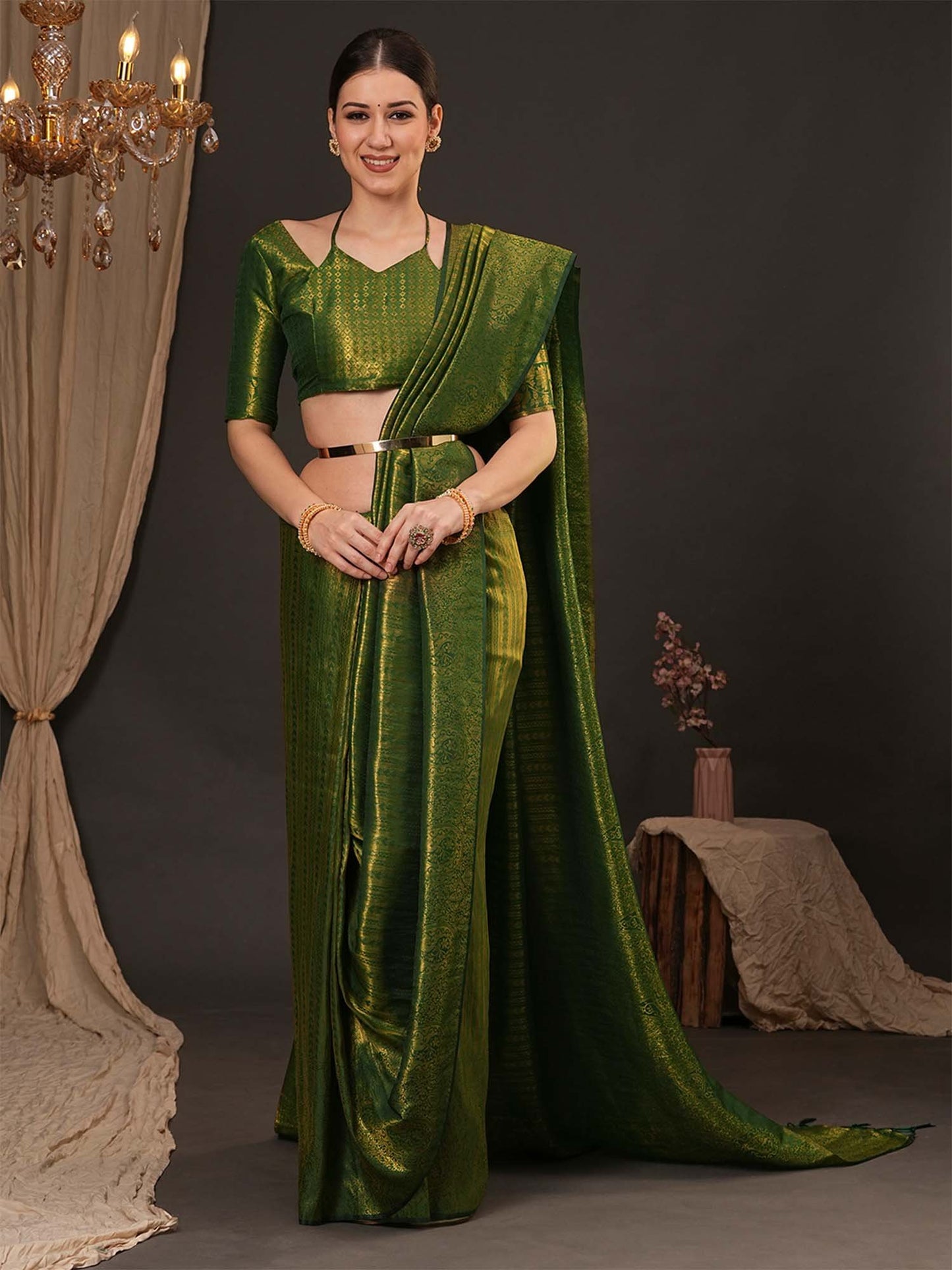 Green Green Kanjeevaram Silk Blend Woven Saree