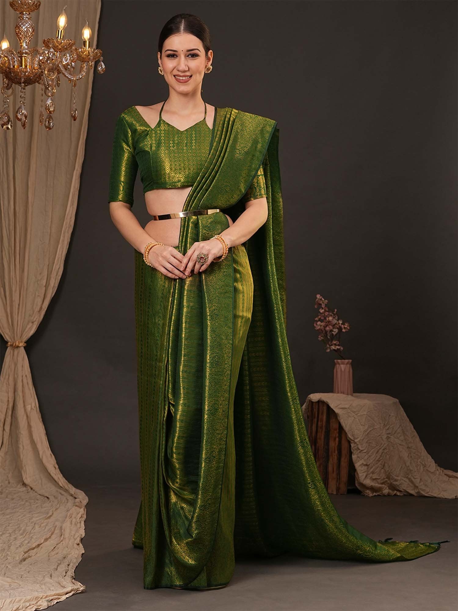 Green Green Kanjeevaram Silk Blend Woven Saree
