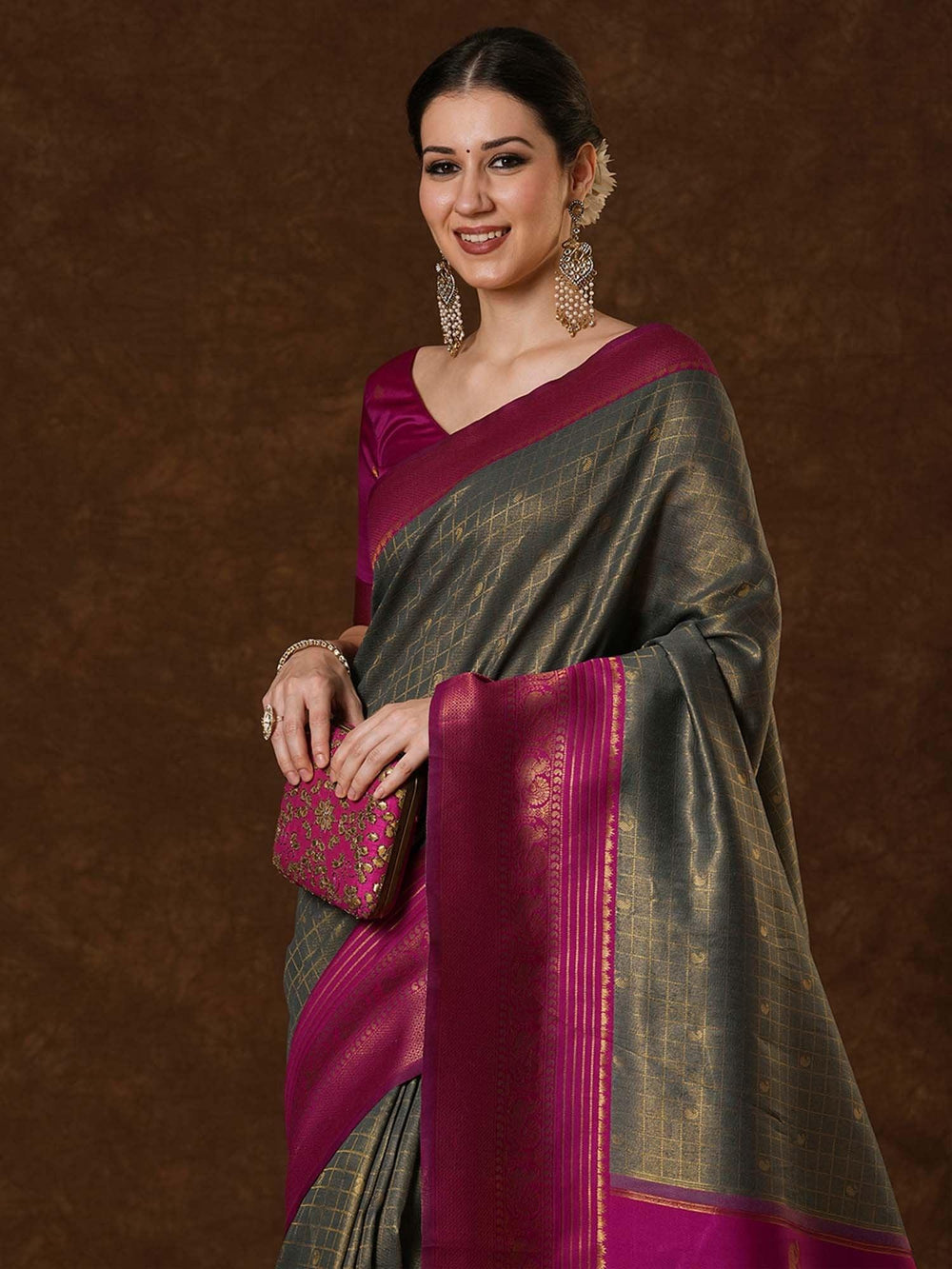 Grey Kanjeevaram Banarasi Silk Woven Saree - The Dori Store
