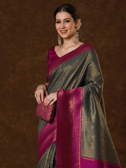 Grey Kanjeevaram Banarasi Silk Woven Saree - The Dori Store