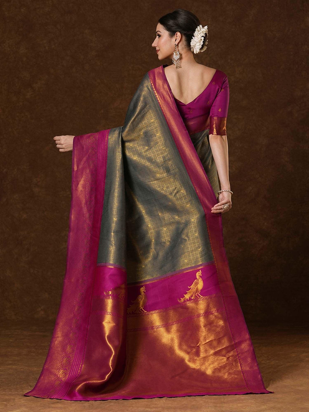 Grey Kanjeevaram Banarasi Silk Woven Saree - The Dori Store
