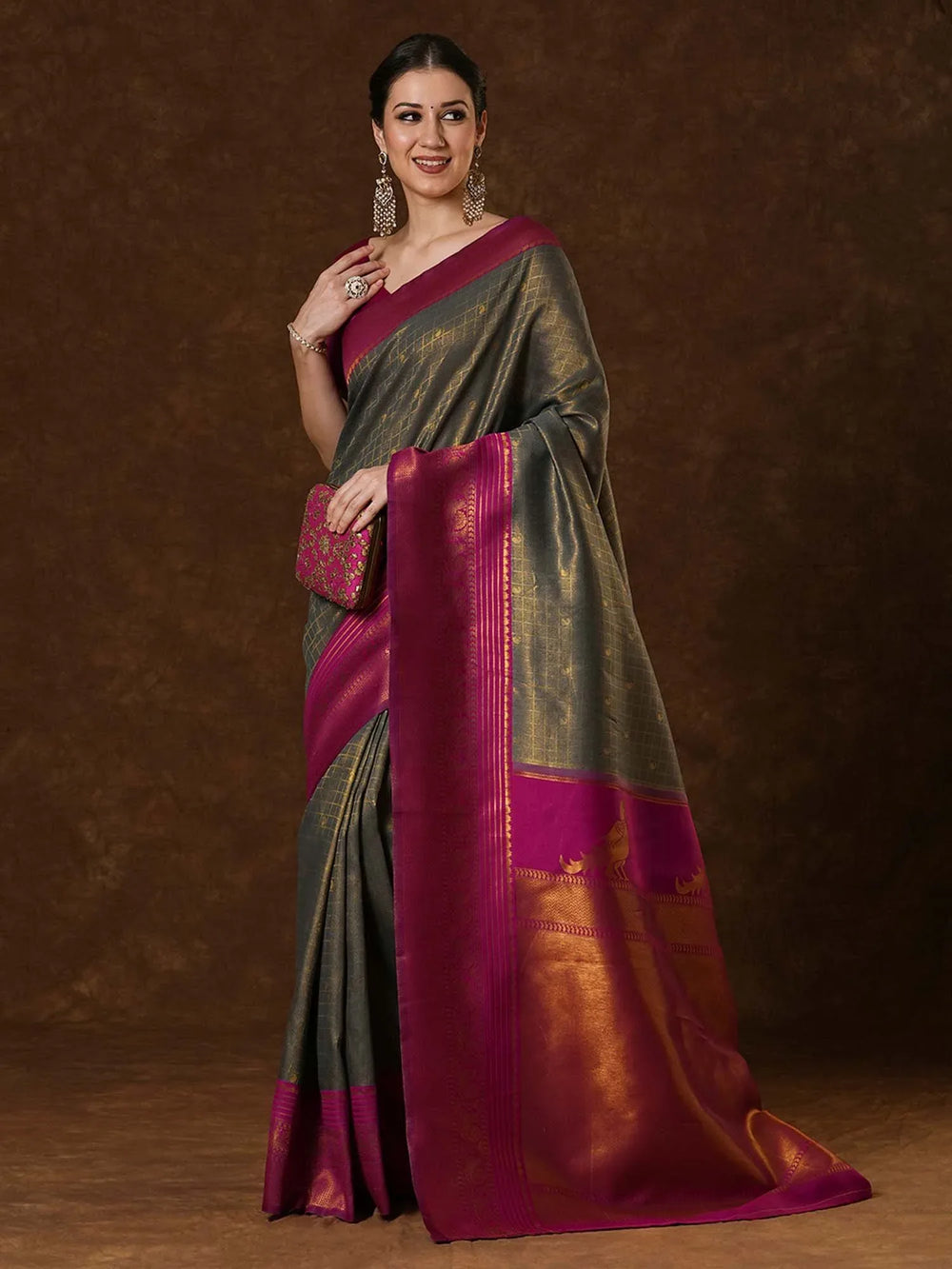 Grey Kanjeevaram Banarasi Silk Woven Saree - The Dori Store