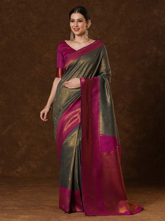Grey Grey Kanjeevaram Banarasi Silk Woven Saree