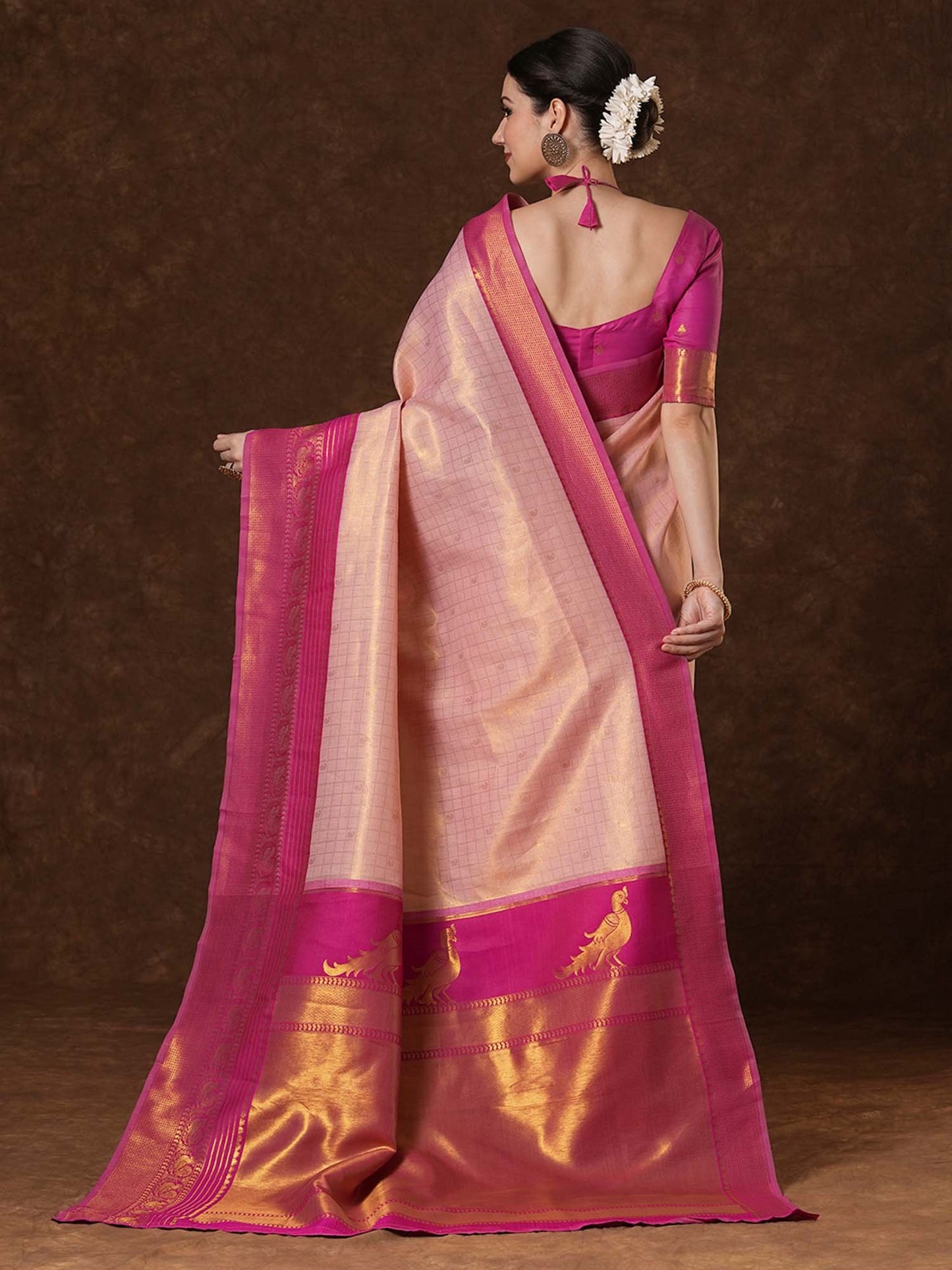 Peach Kanjeevaram Banarasi Silk Woven Saree