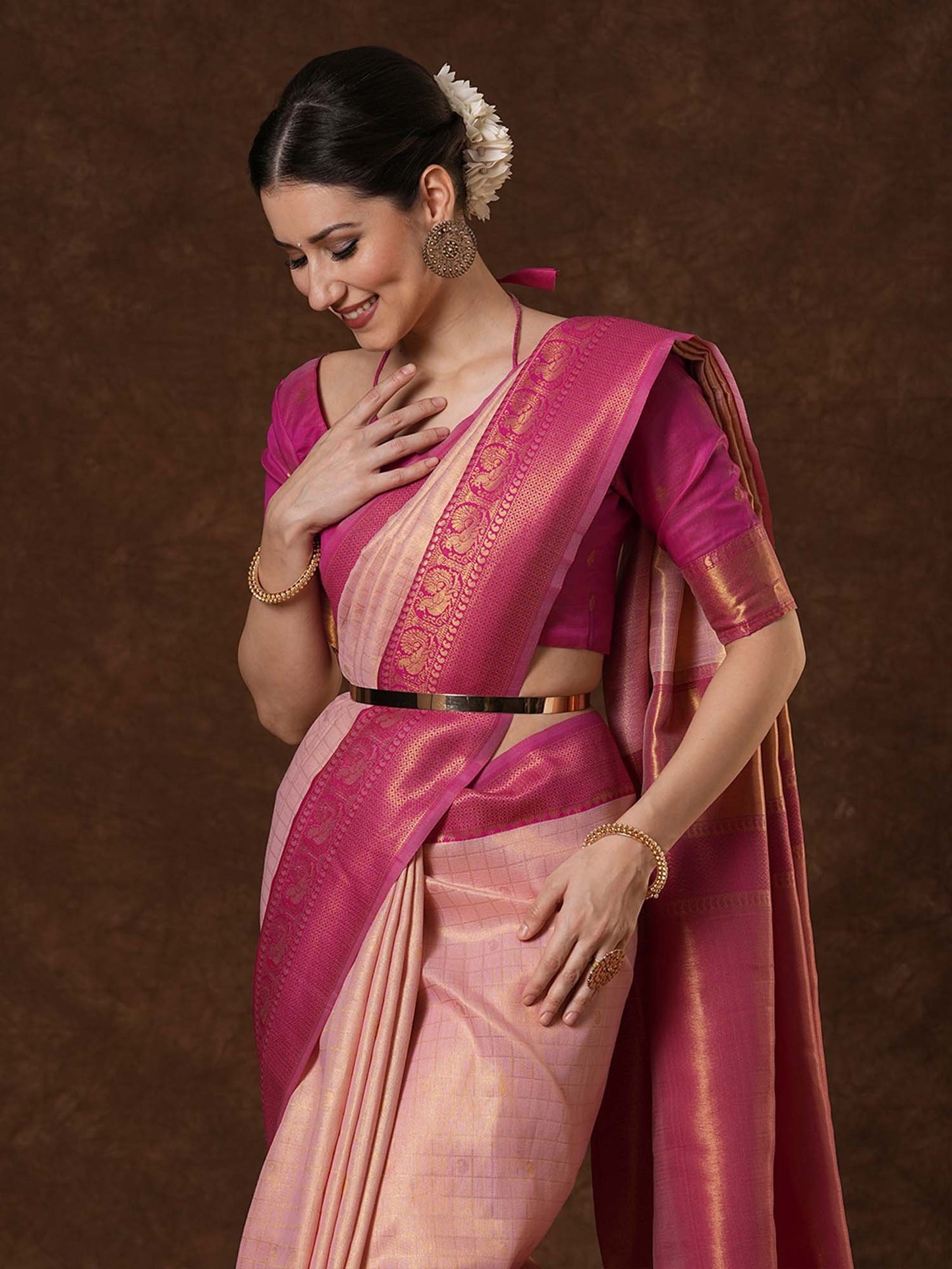 Peach Kanjeevaram Banarasi Silk Woven Saree