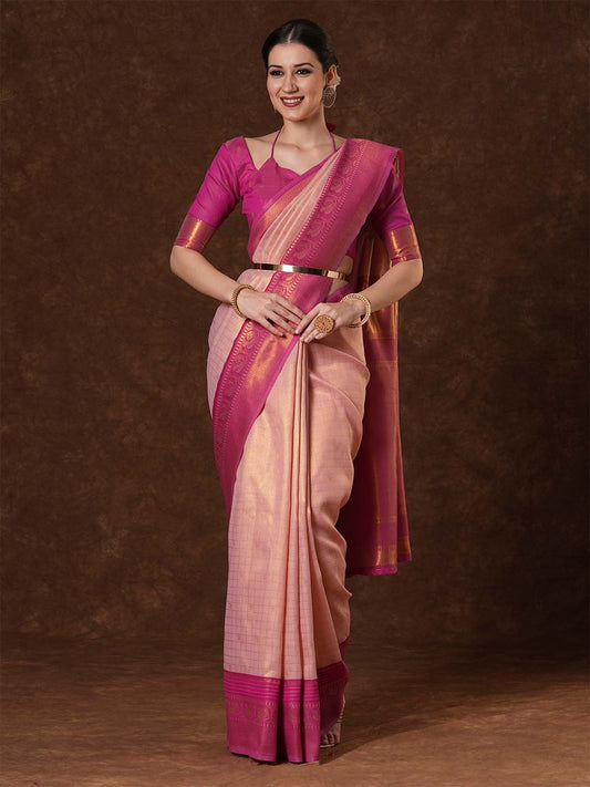 Pink Peach Kanjeevaram Banarasi Silk Woven Saree