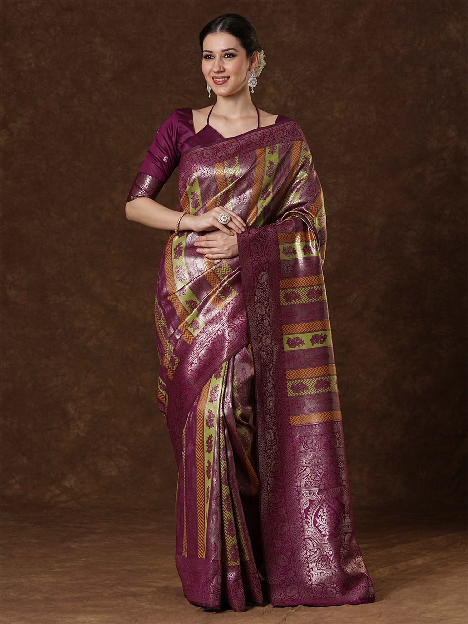 Purple Magenta Kanjeevaram Banarasi Silk Woven Saree