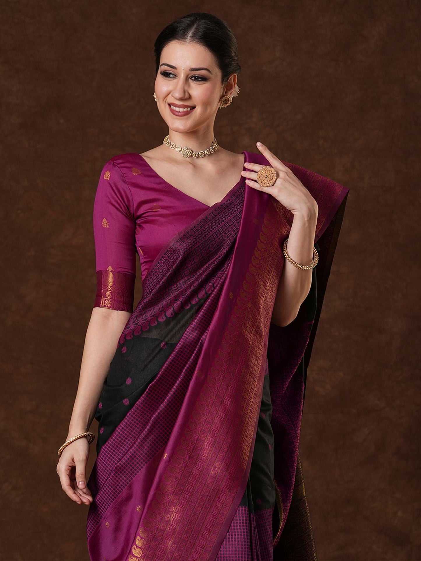 Black Venkatgiri Cotton Blend Woven Saree