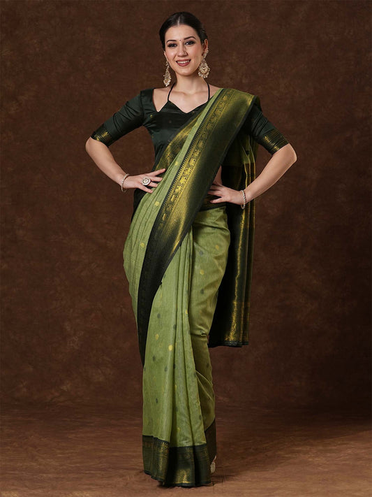 Green Light Maheshwari Cotton Blend Woven Saree