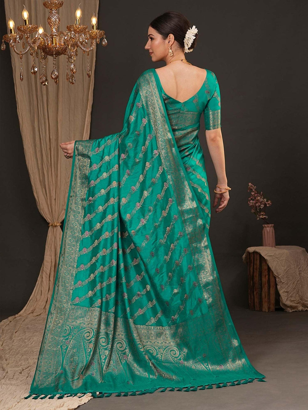 Turquoise Banarasi Dola Silk Woven Saree - The Dori Store