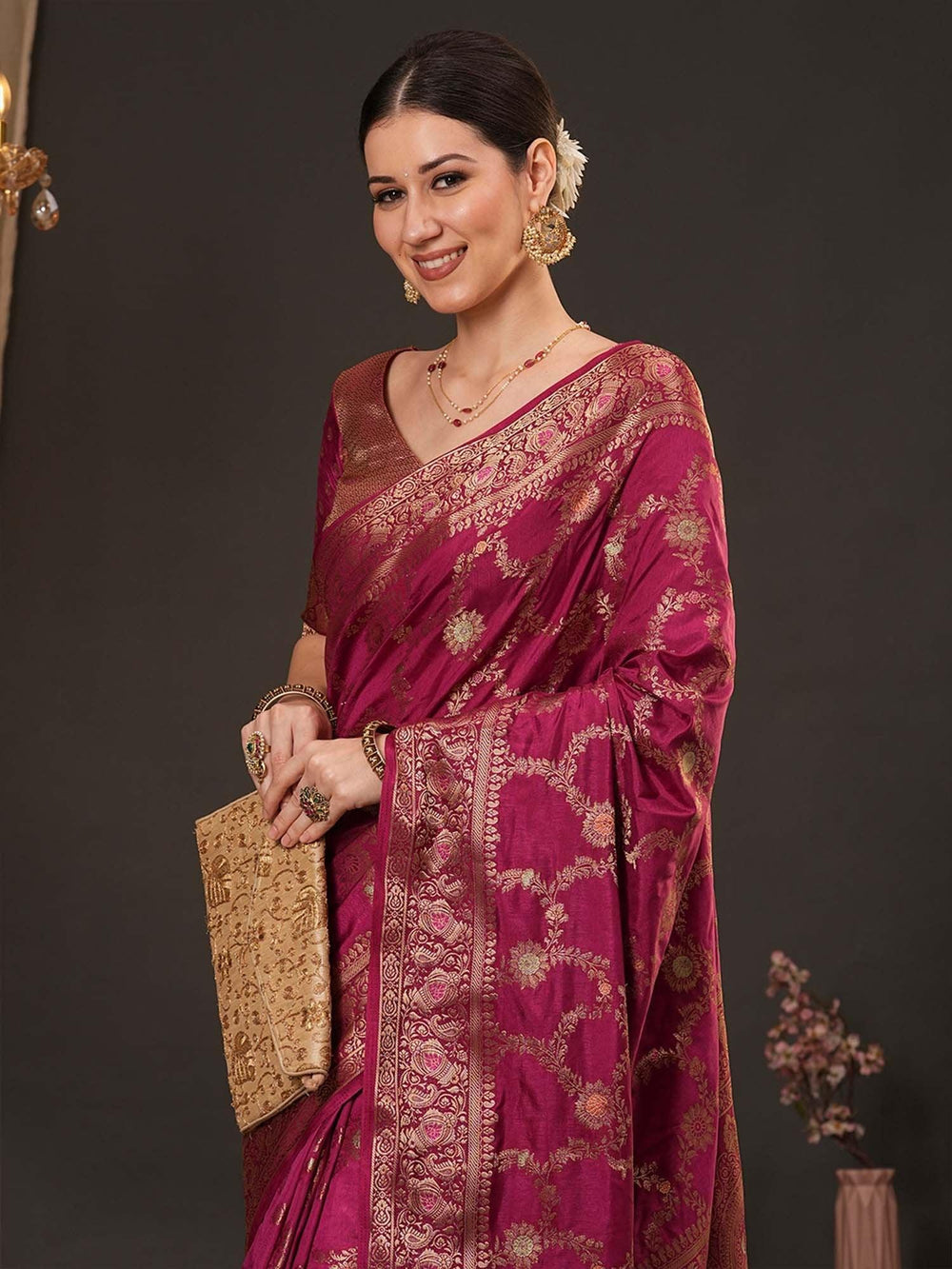 Magenta Banarasi Dola Silk Woven Saree - The Dori Store