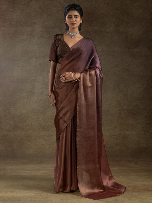 Brown Coffee Party Wear Satin Silk Half & Half Saree
