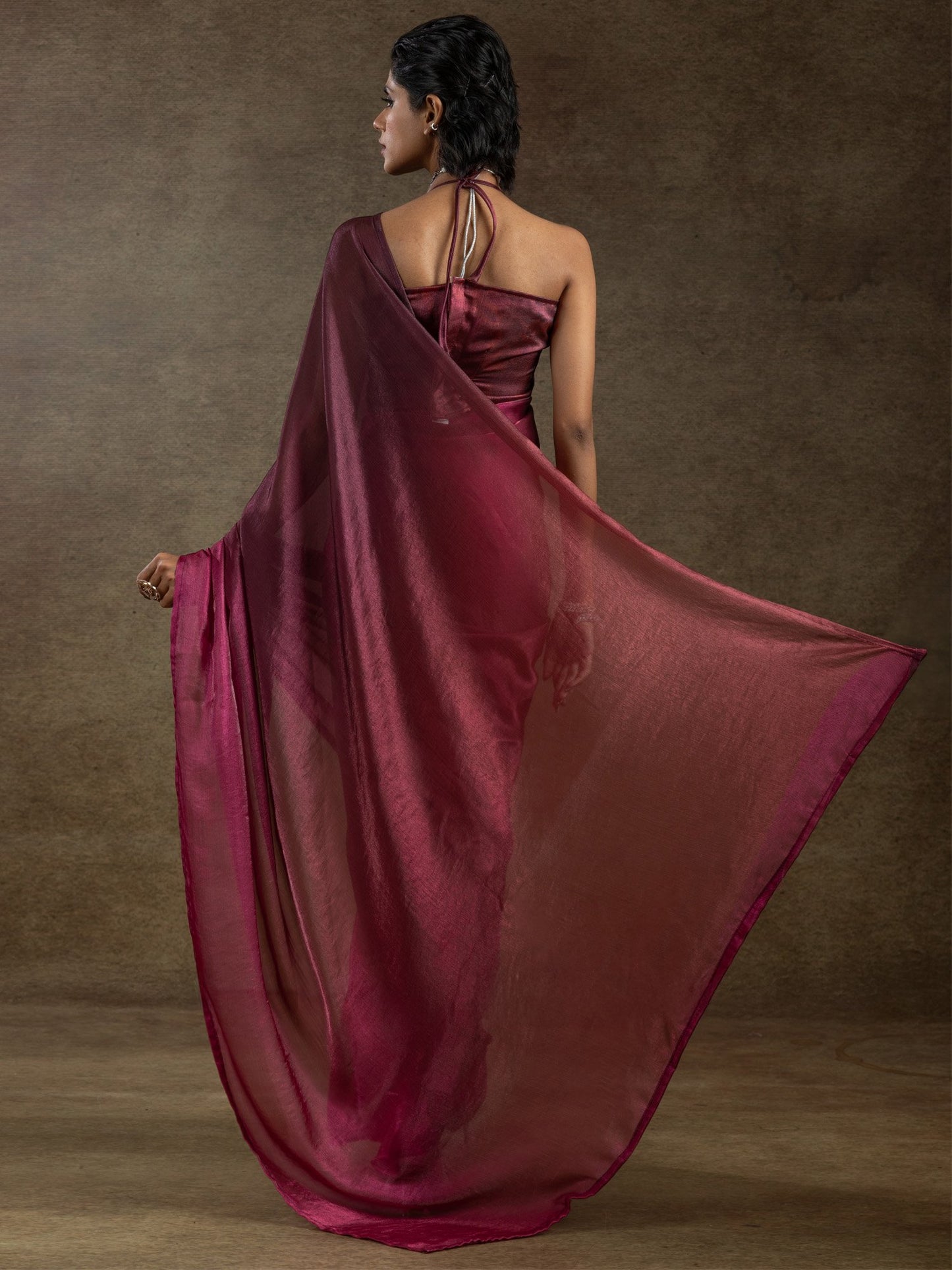 Burgundy Party Wear Satin Silk Half & Half Saree