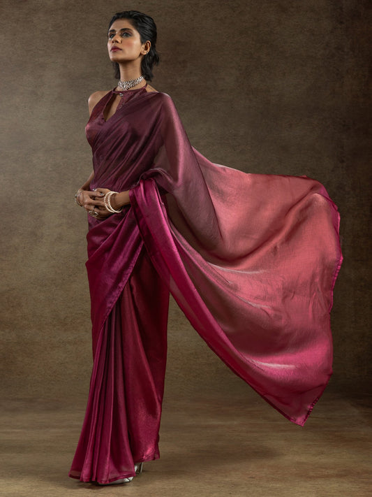 Pink Burgundy Party Wear Satin Silk Half & Half Saree