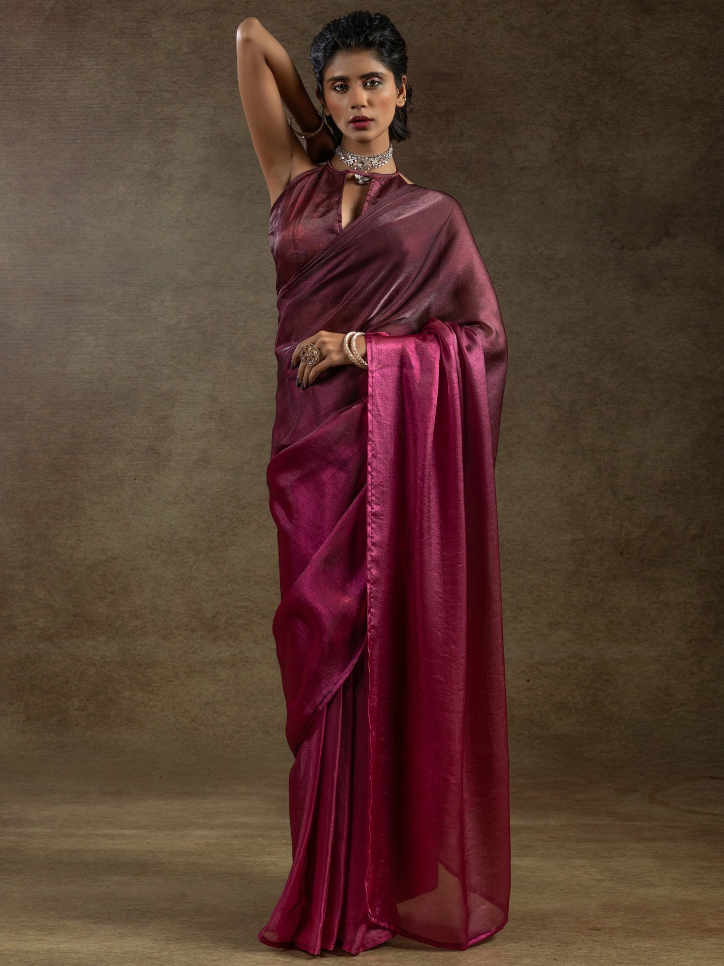 Burgundy Party Wear Satin Silk Half & Half Saree