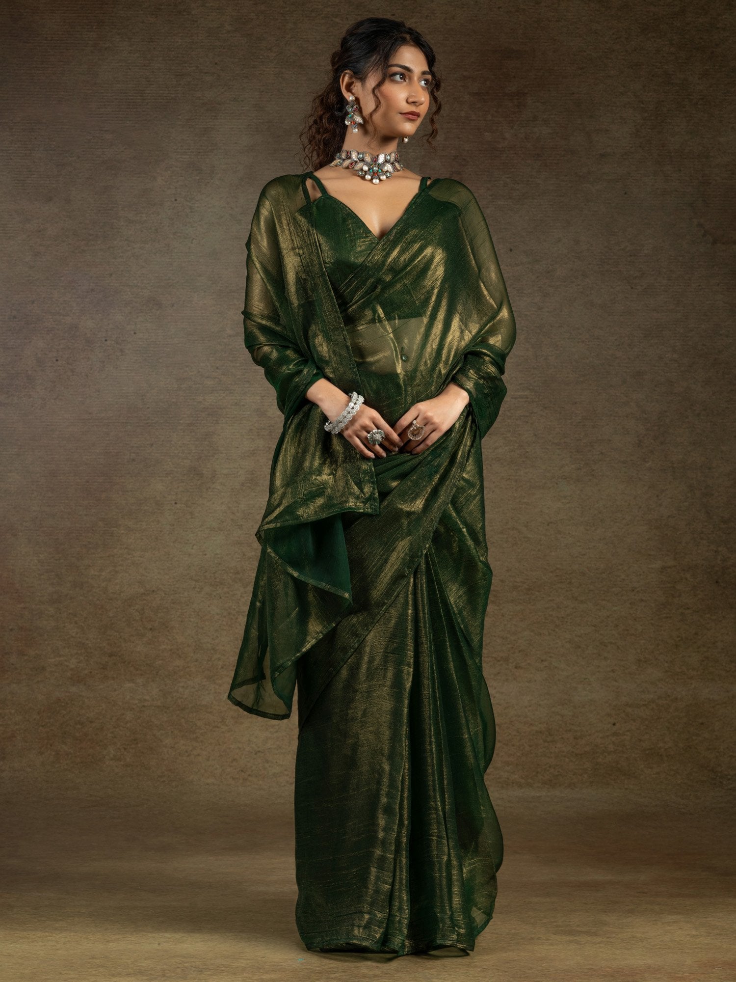 Green Dark Party Wear Chiffon Embellished Saree